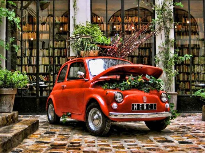 Openbay Red Old Car With Plants Merci French
