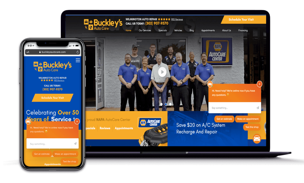 Openbay Otis Advanced Online Chat Displayed on the Buckley Auto Care Desktop and Mobile Homepage